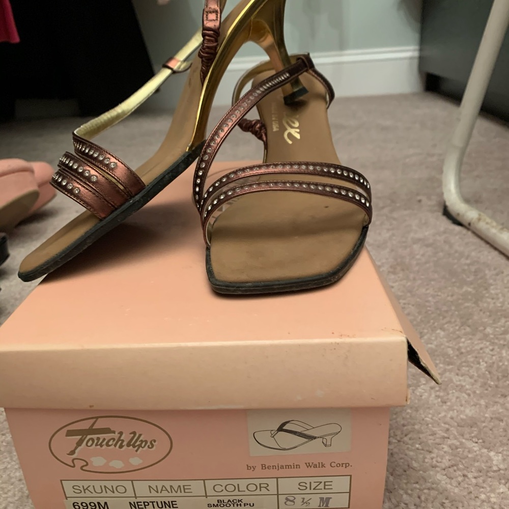 open toe strap copper heels